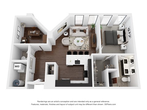 Floor plan for 1 bed, 1.5 baths, 992 sqft